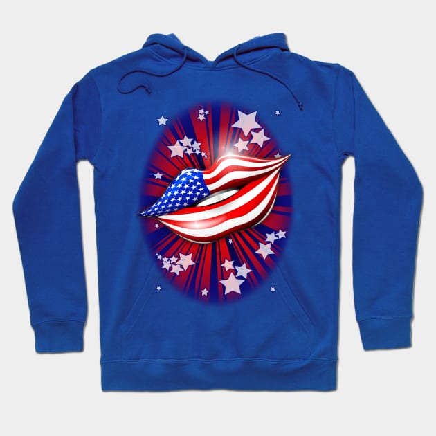 USA Flag Lipstick on Smiling Lips Hoodie by BluedarkArt